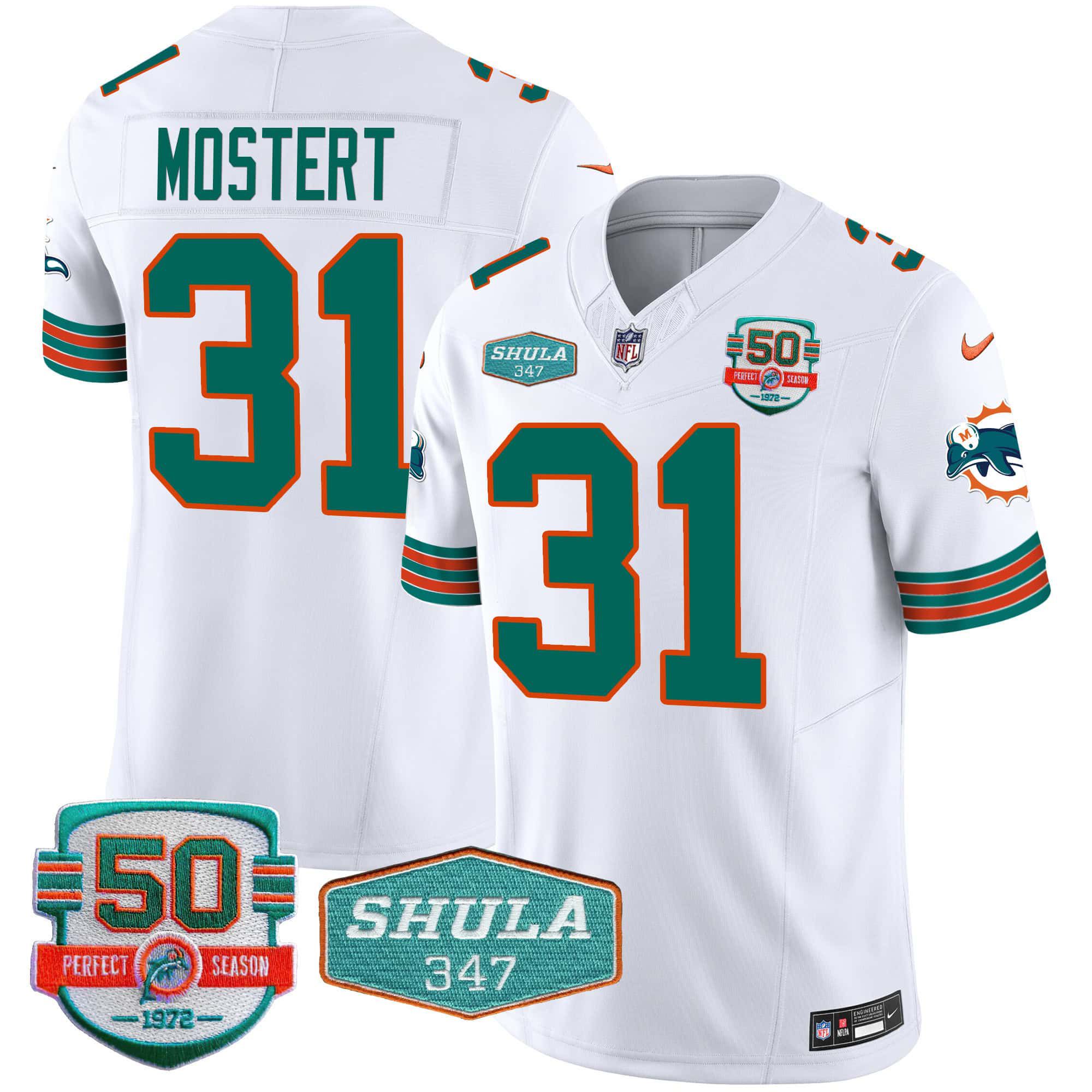 Men Miami Dolphins #31 Mostert White 2024 Nike Throwback Shula 347 Patch Vapor NFL Jersey